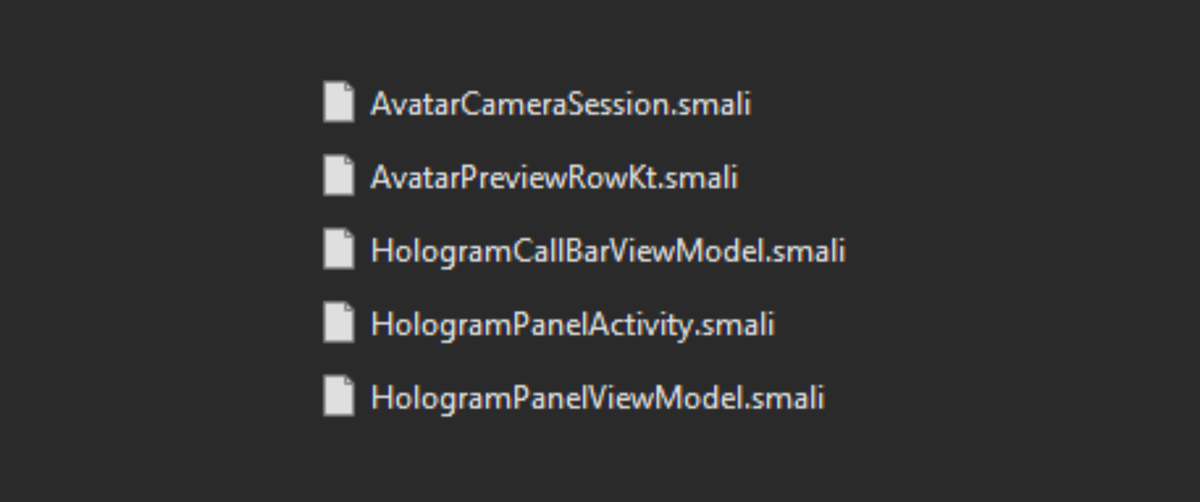 Smali files referencing Holograms, found in the Horizon OS Social Platform package.