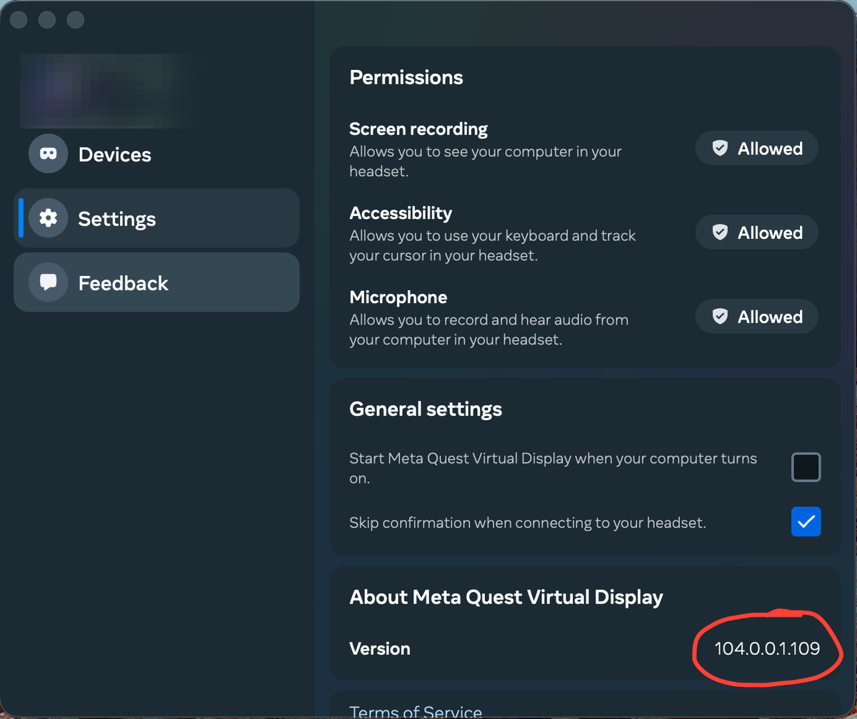 Panneau de réglages de Meta Virtual Display sur Mac